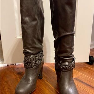 Grey, knee-high boots